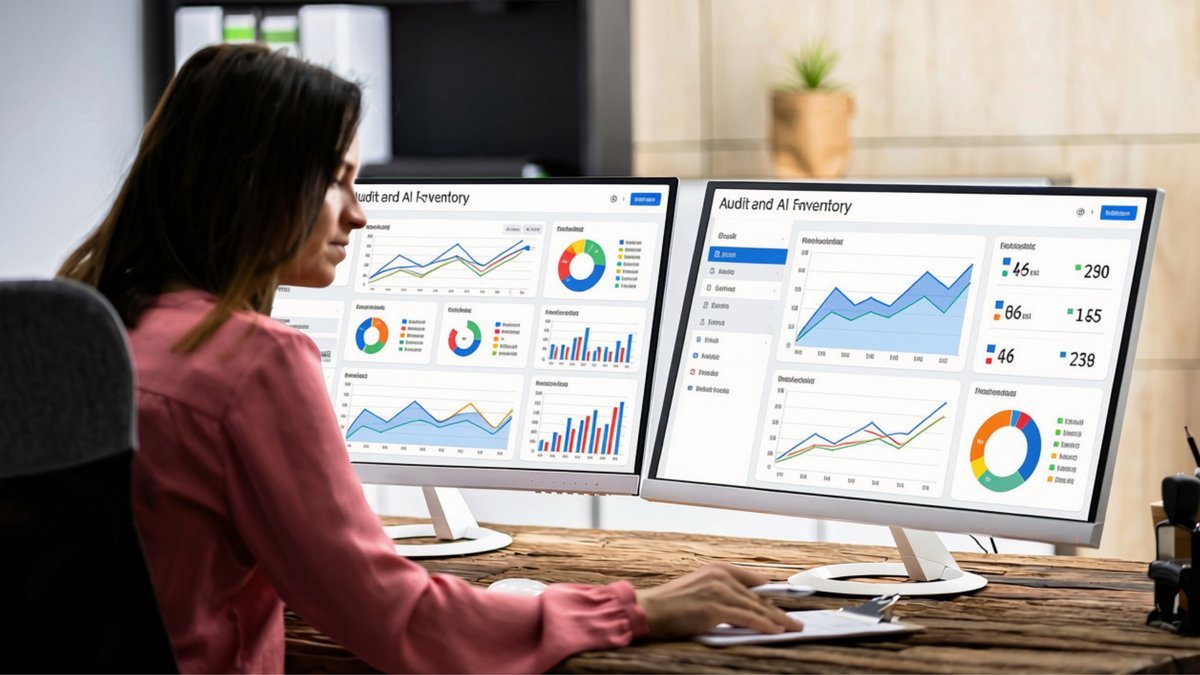 AI-driven audit and inventory dashboard on dual monitors