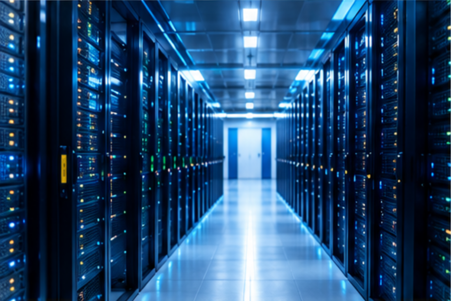 Data center server room with rows of IT hardware racks